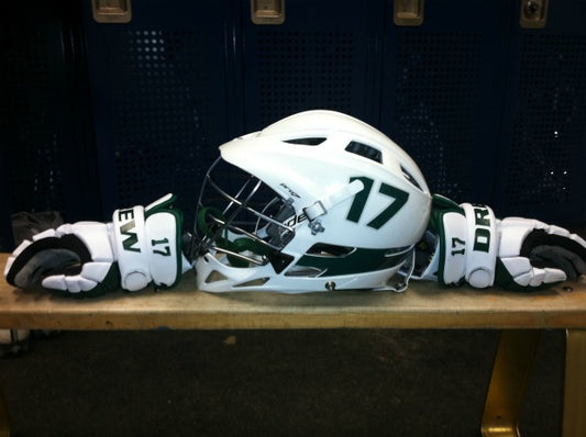 Drew University Men's Lacrosse Helmet and Gloves